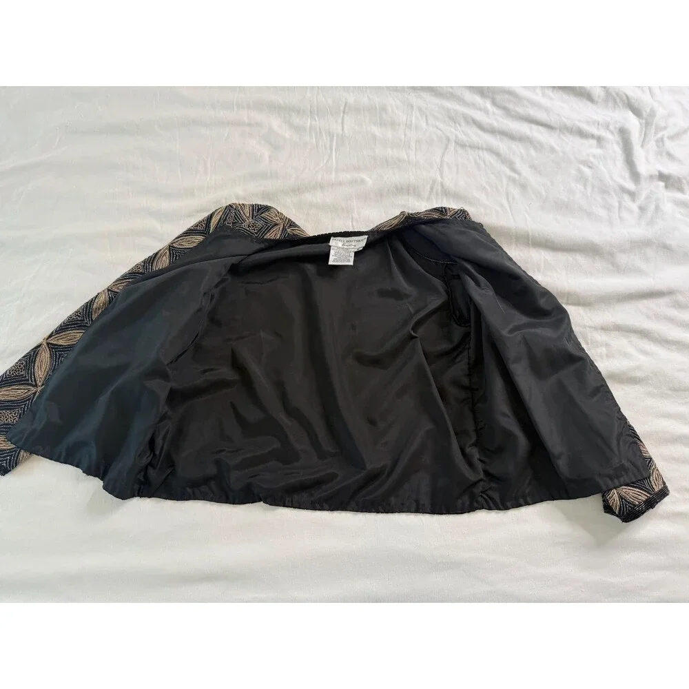 Papell Boutique Silk Beaded Art Deco Evening Jacket Black Gold Open Front Size S - Picture 8 of 13